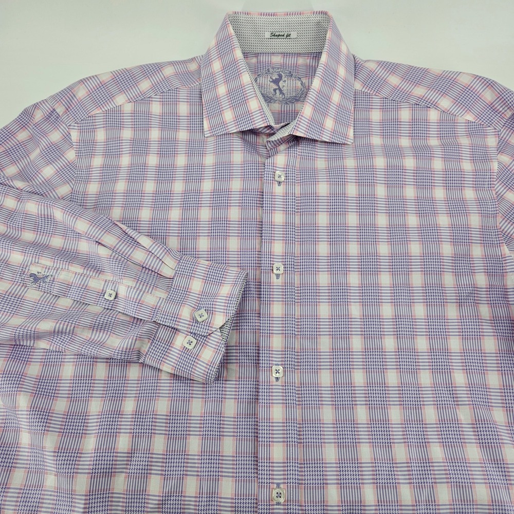 Bugatchi Uomo Mens Purple Pink Plaid Shaped Fit Button Down Cotton Shirt XL